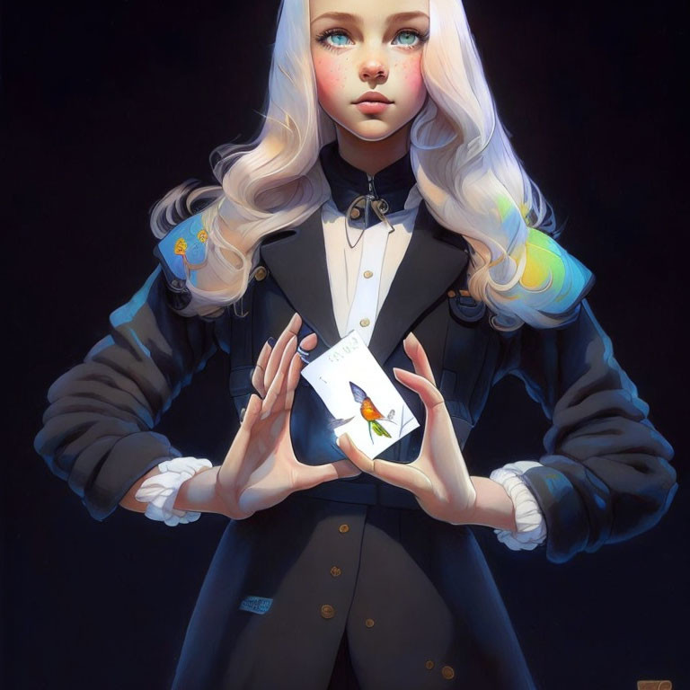 Digital artwork: Girl with long blonde hair in black uniform holding bird-sealed envelope