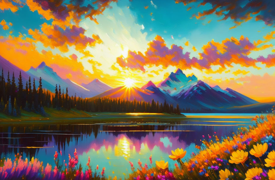 Colorful sunset over mountain landscape with reflective lake, framed by flowers and trees under dynamic sky.