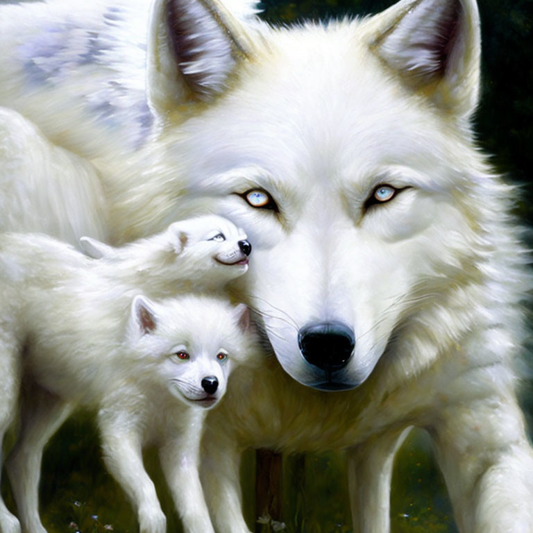 Adult White Wolf with Blue-Eyed Pups in Natural Setting