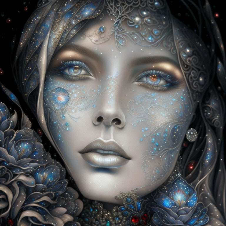 Detailed illustration of woman with ornate blue patterns, gemstone accents, and cosmic aura