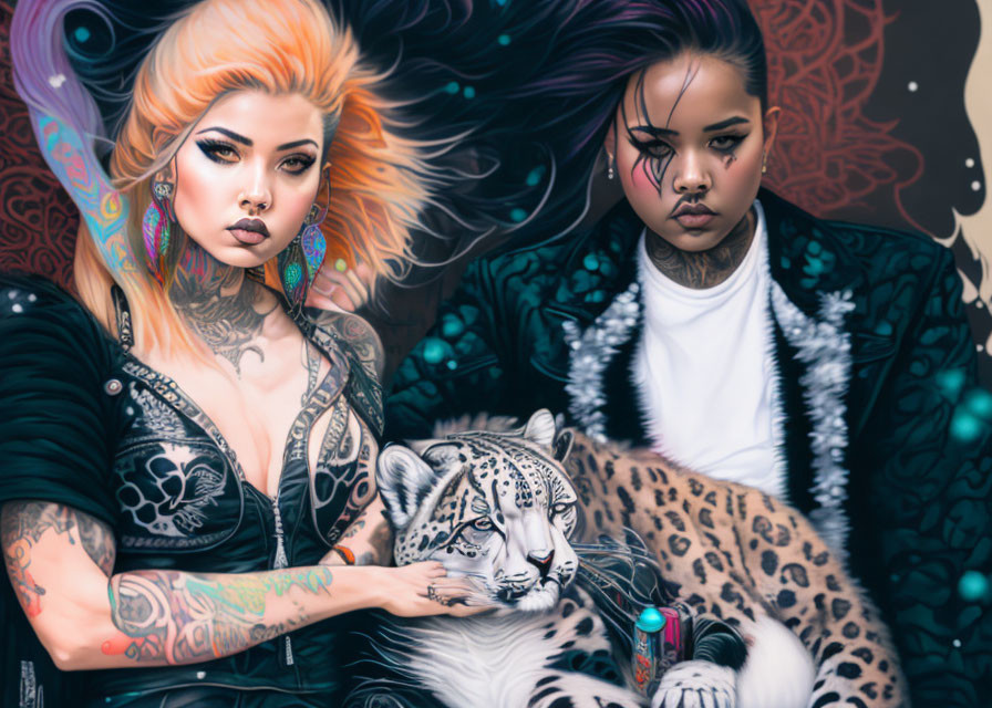 Stylized women with tattoos and vibrant hair next to a snow leopard in graffiti art scene