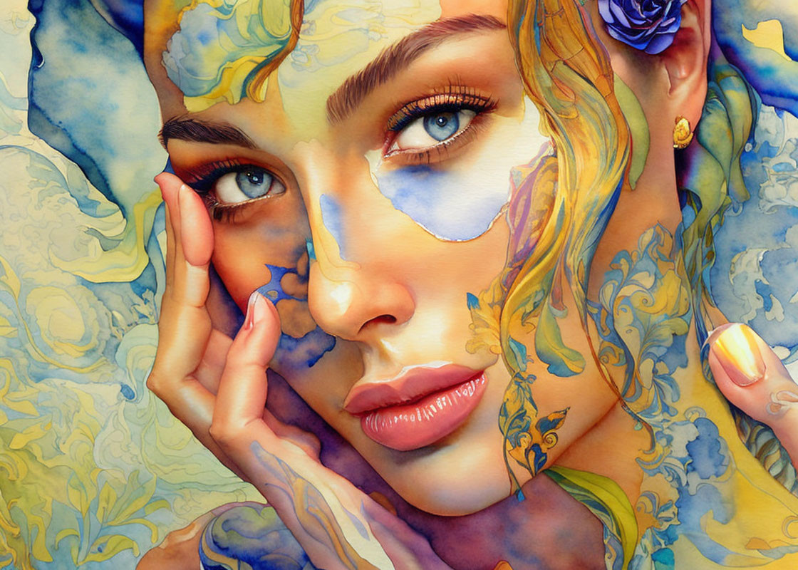 Colorful Watercolor Portrait: Woman with Floral Patterns in Blue and Yellow