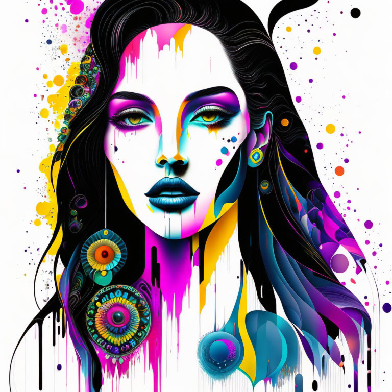 Colorful digital artwork: Woman's face in purple and blue tones with abstract patterns