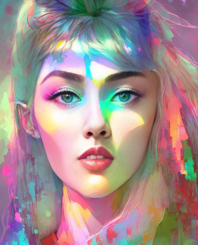 Colorful abstract light patterns on woman's portrait: digital rendering