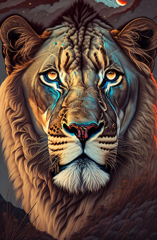 Detailed Lion Illustration with Blue Eyes and Moonlit Sky