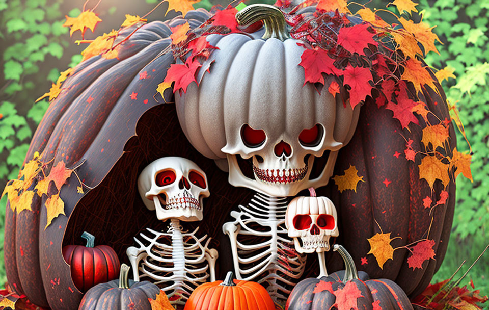 Skeletons and Skull Pumpkin in Halloween Scene with Autumn Leaves