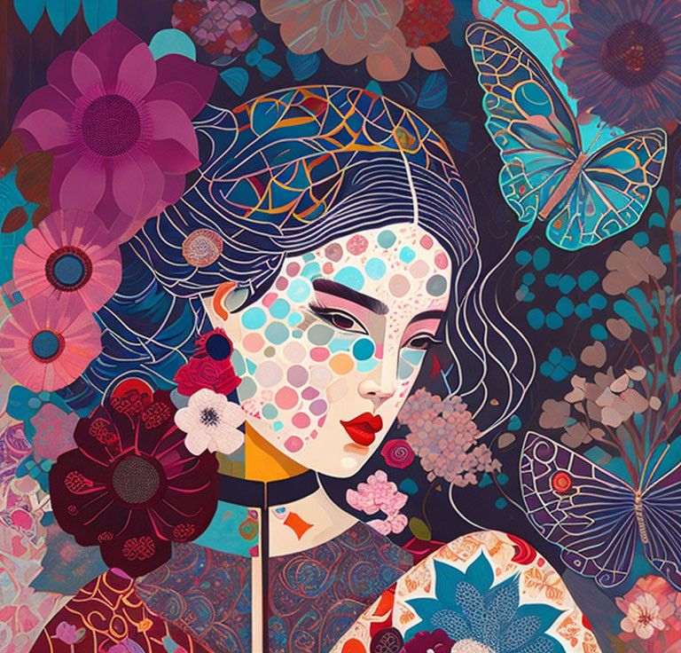 Vibrant illustration of woman with floral patterns and butterflies