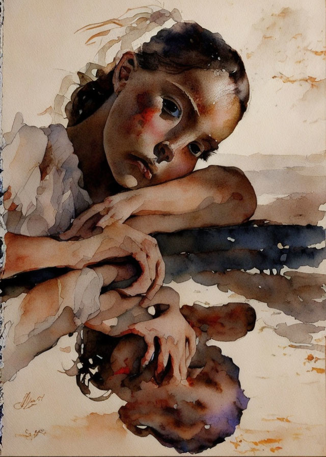 Young girl in pensive pose, watercolor painting with warm earth tones.