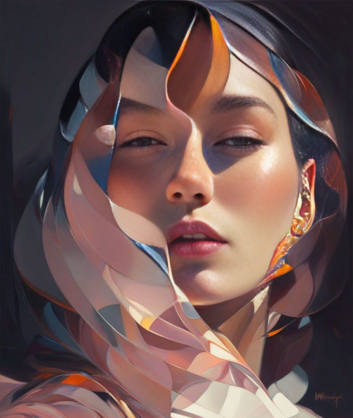 Portrait of Woman with Serene Expression and Abstract Leaf-like Shapes in Warm Tones