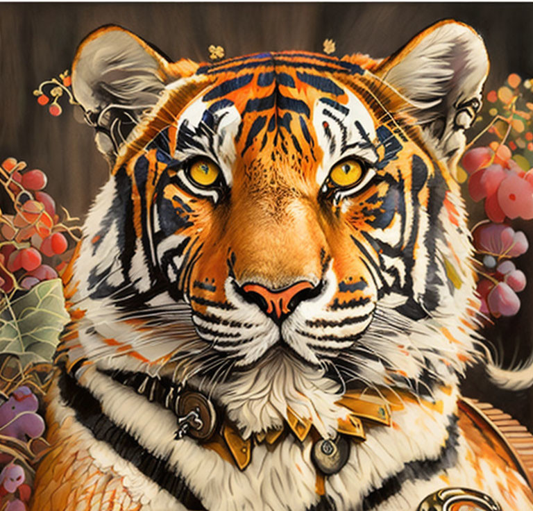 Colorful tiger illustration with orange and black stripes and golden jewelry