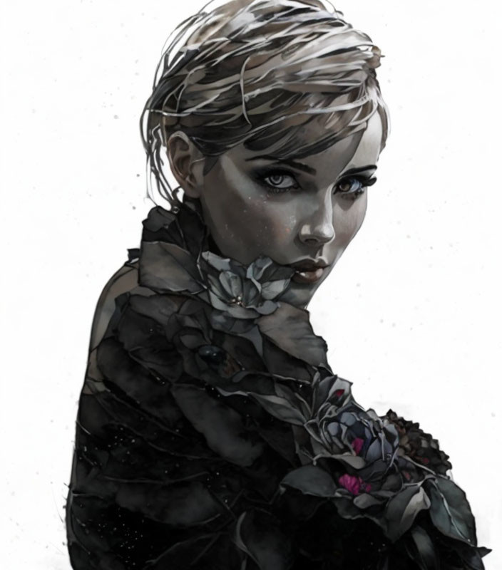 Blonde Woman in Dark Attire with Floral Patterns Illustration