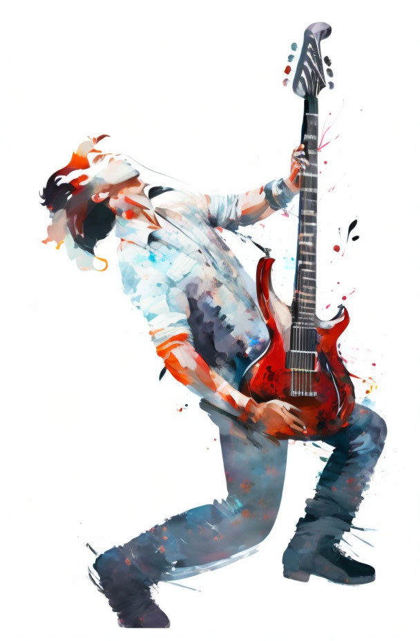 Vibrant artwork of a man playing electric guitar with dynamic splash effect