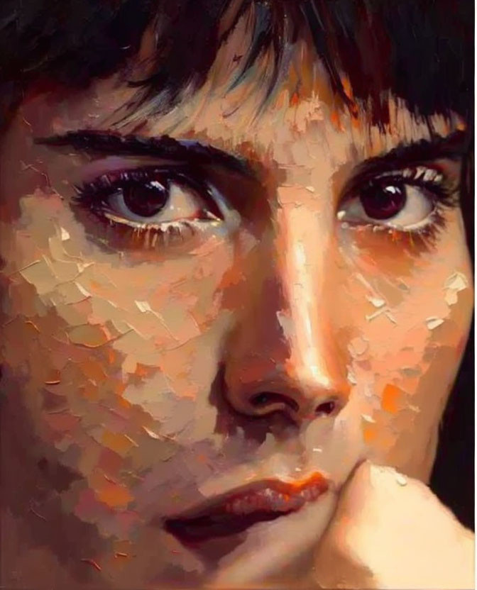 Detailed digital painting of contemplative woman with dark hair and colorful brushstrokes