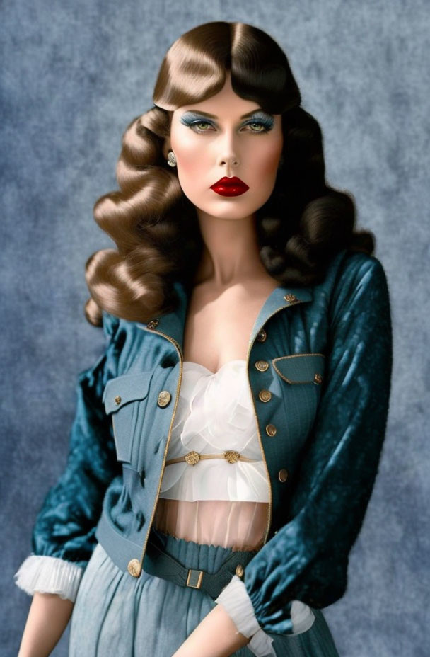 Vintage-inspired portrait of a woman in blue jacket and white blouse