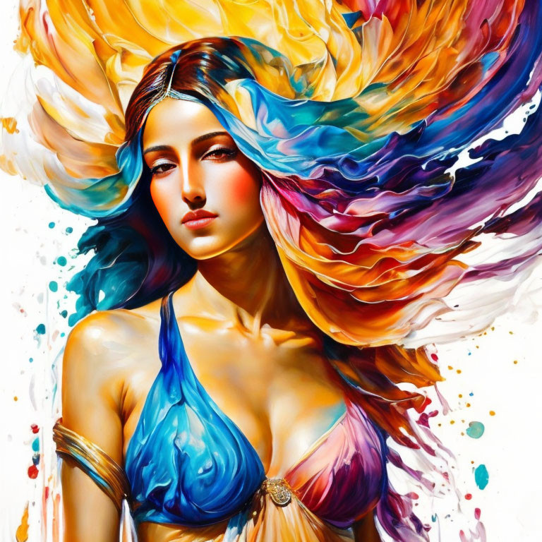 Colorful artwork featuring woman with flowing paint-like hair