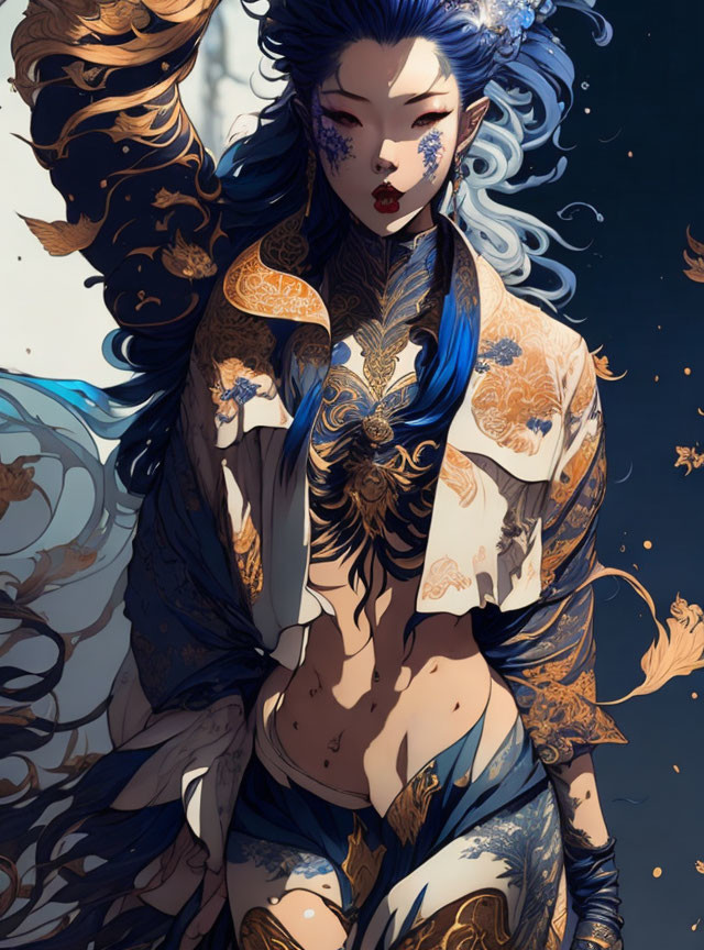 Illustrated Woman with Blue Hair and Golden Tattoos on Dark Background