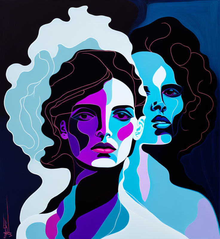 Digital artwork of two female faces with cool and warm colors on dark background