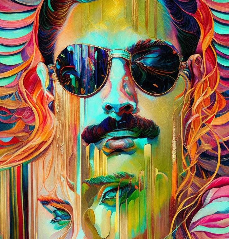 Colorful, psychedelic portrait with sunglasses, mustache, and melting features.