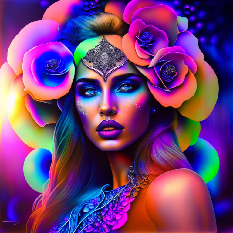 Colorful illustration: Woman with blue eyes, roses in hair, decorative headpiece, and glitter,