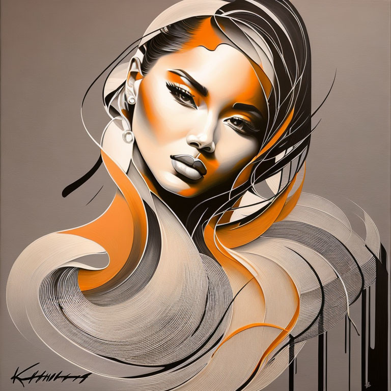 Stylized portrait of a woman with flowing hair in orange, white, and black.