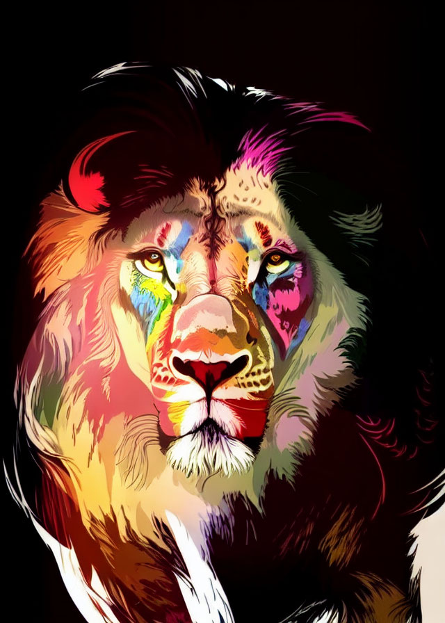 Multicolored Lion Head Digital Illustration on Black Background