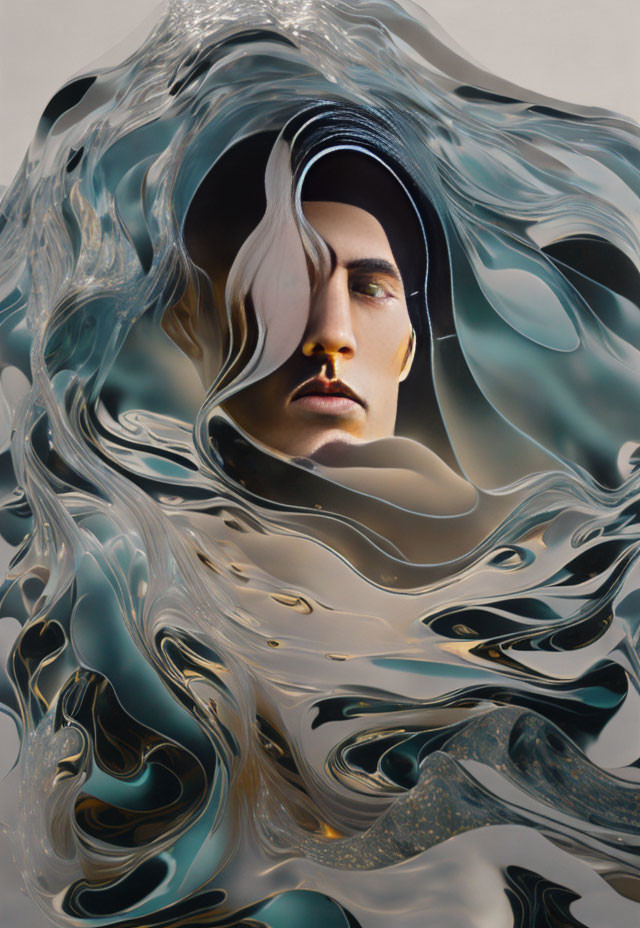 Abstract surreal portrait: face emerges from metallic liquid folds