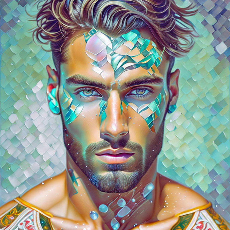 Man with Turquoise Mechanical Facial Details in Digital Art