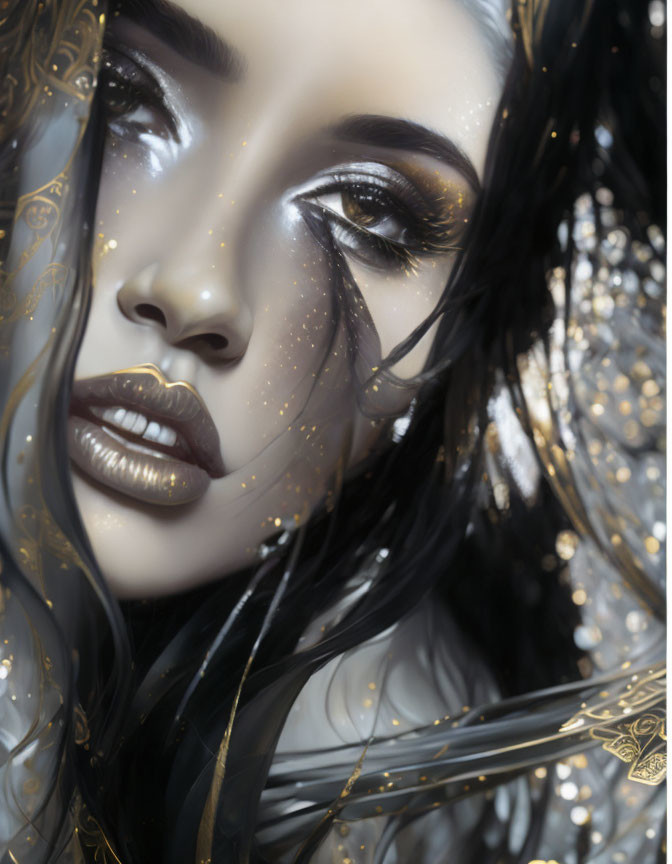 Woman with golden glitter and ornate patterns in digital artwork