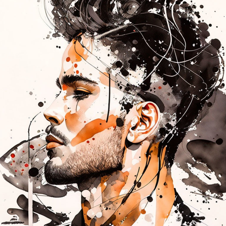 Dynamic watercolor portrait of a bearded man with bold ink splatters