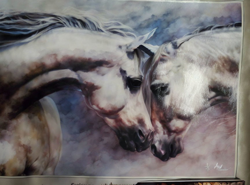 Two horses nuzzling intimately in white and gray shades