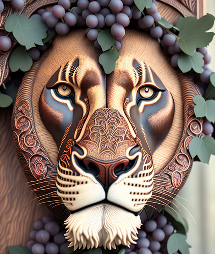 Lion's face with intricate designs in a grape wreath