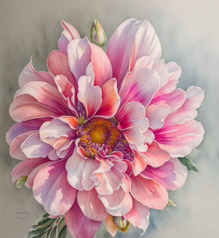 Large Pink Peony Painting with Yellow Center on Muted Background