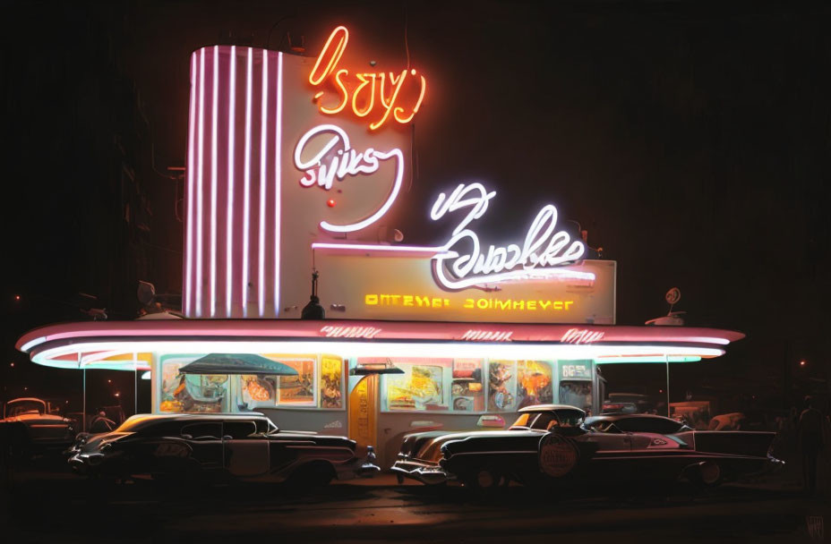 Nighttime Vintage Diner with Neon Signs, Classic Cars, and Posters