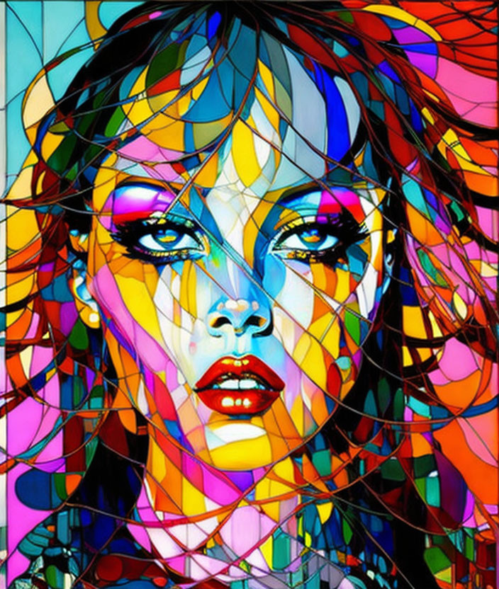 Colorful Abstract Portrait of Woman with Stained-Glass Effect