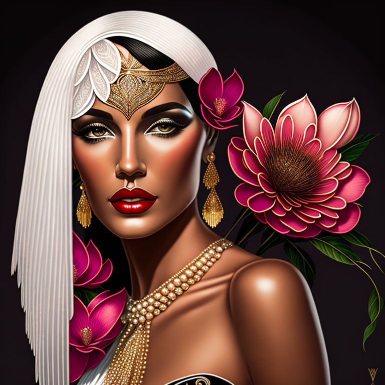 Illustration of woman with striking makeup, headpiece, pearl necklace, and pink flowers