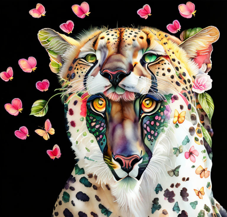 Colorful Leopard Face Artwork with Butterflies and Flowers on Black Background