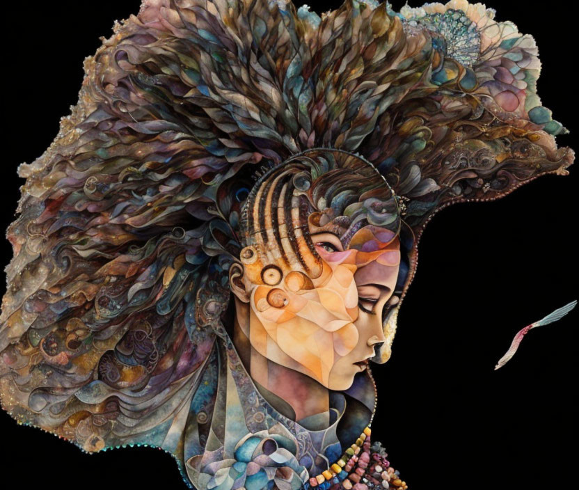 Colorful woman profile with ornate feather headdress and bird.