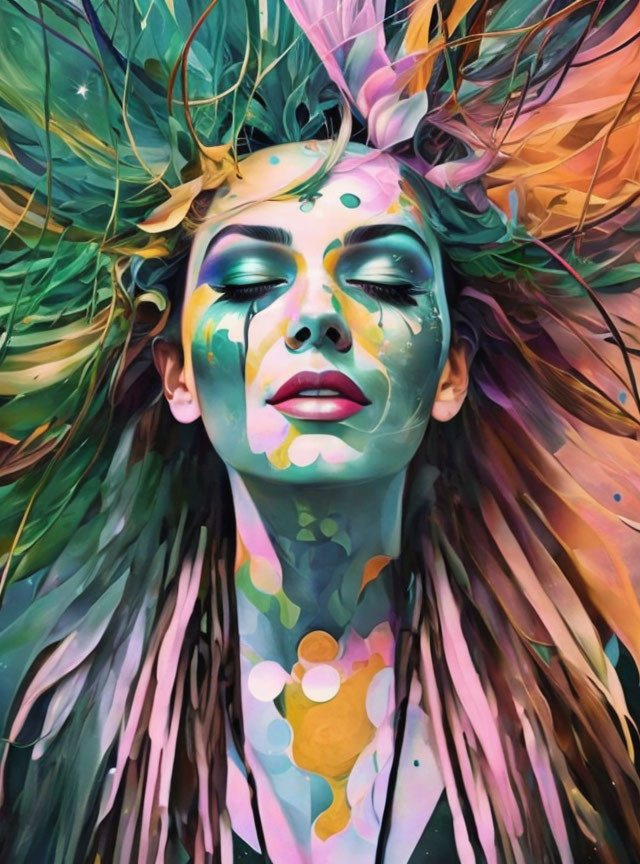 Woman adorned with vibrant body paint and feathers in dreamlike scene.