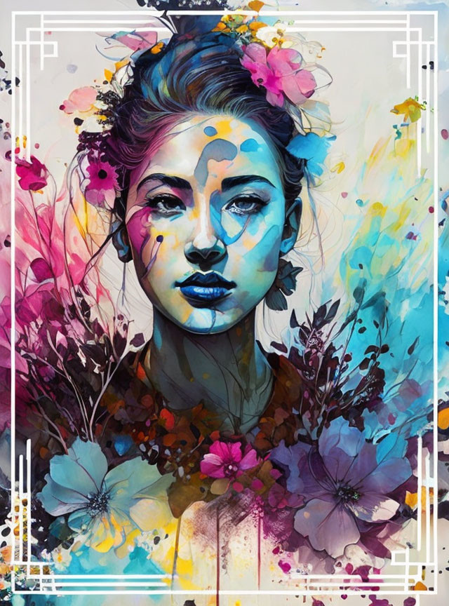 Vibrant floral and paint-themed woman's face illustration