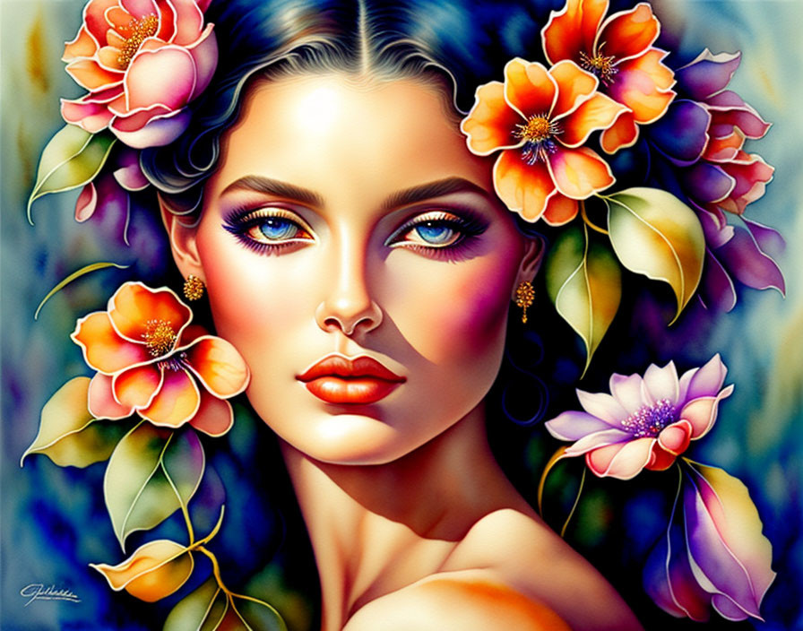 Colorful artwork: Woman with blue eyes and flowers in rich hues