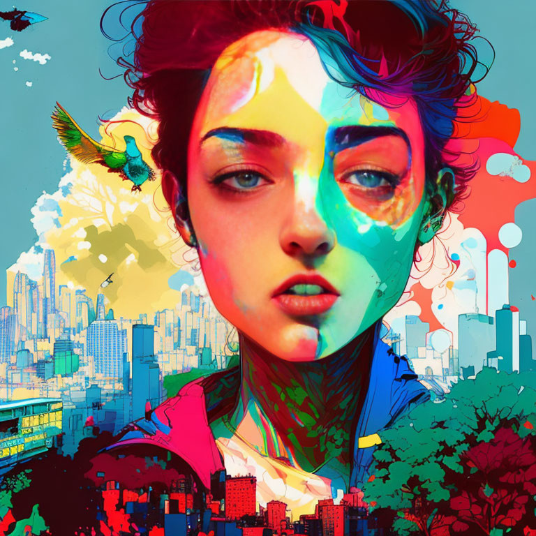 Colorful digital portrait of woman with abstract makeup and hummingbird in cityscape.