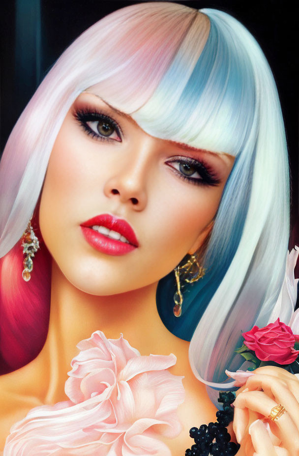 Portrait of a woman with pale skin, colorful hair, bold makeup, and a rose