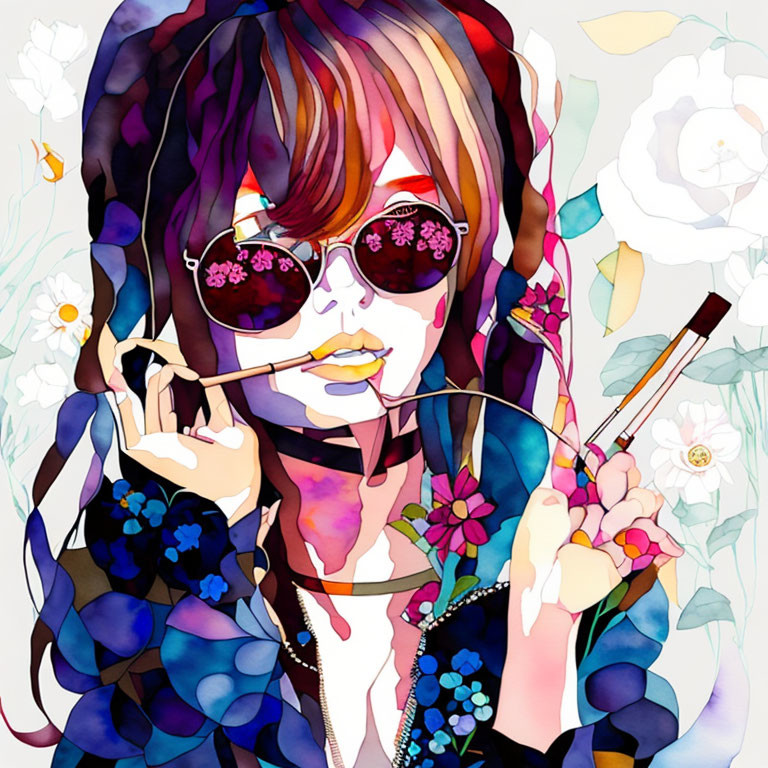 Vibrant portrait with sunglasses, flowers, and paintbrush