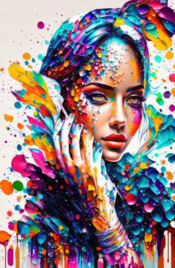 Colorful portrait of a woman with paint splashes and feather patterns for a whimsical look