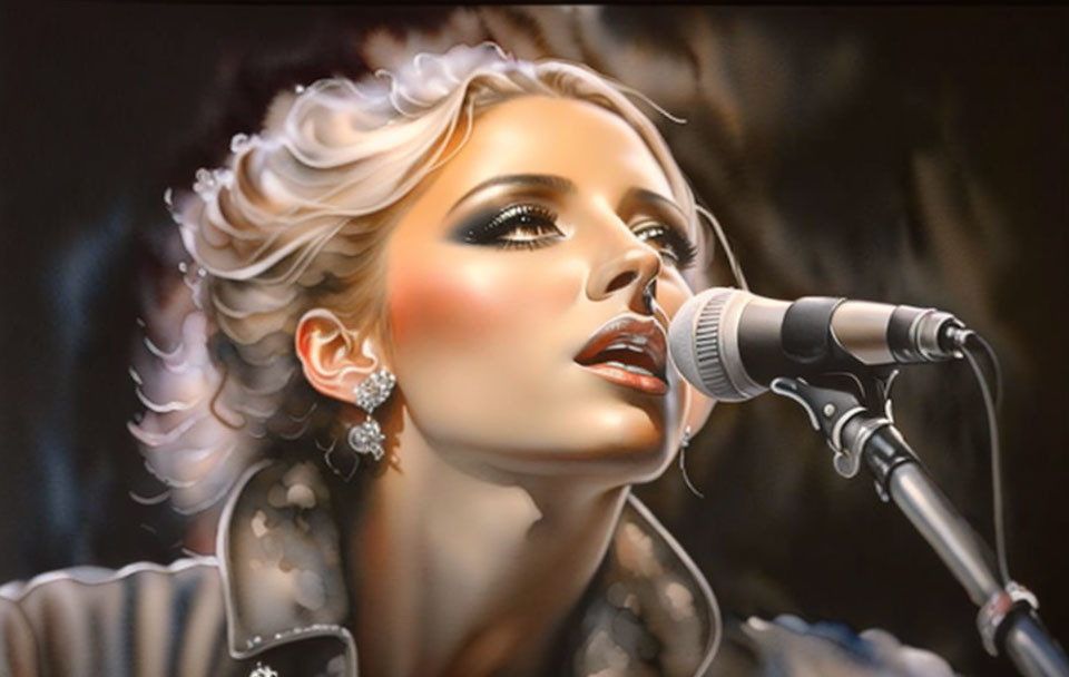 Blonde woman singing into microphone with detailed shading