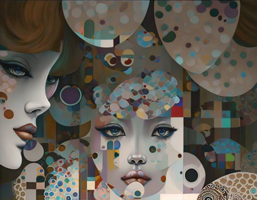 Abstract Art: Overlapping Female Faces with Circular Patterns