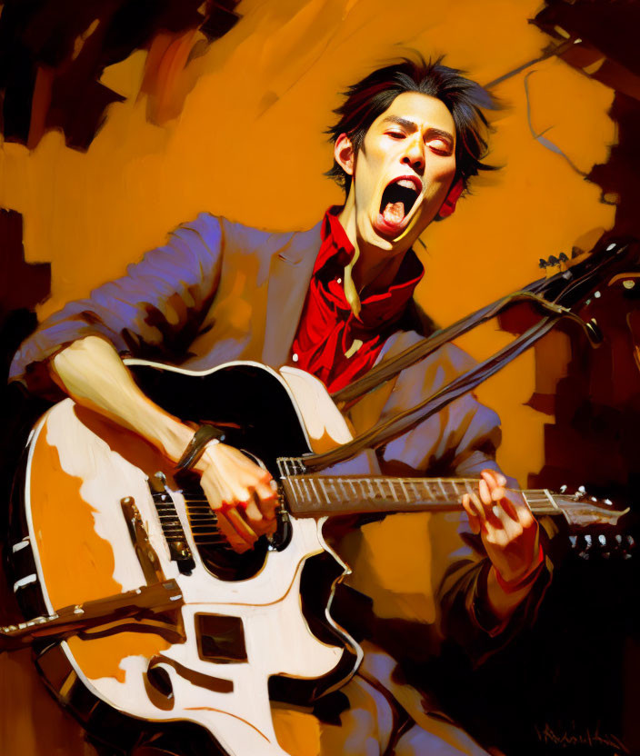 Colorful Illustration of Man Playing Electric Guitar and Singing Passionately