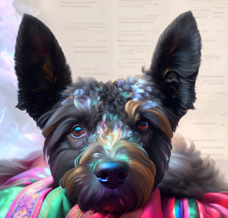 Digitally Enhanced Portrait of Dog with Large Ears and Multicolored Fur