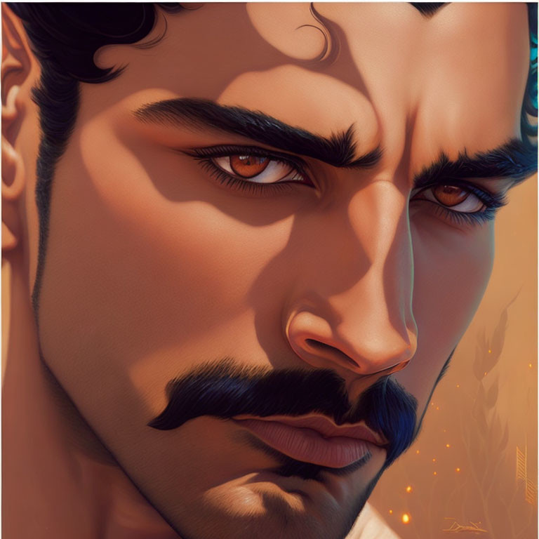 Defined facial features in digital portrait: man with prominent brows, styled mustache, and intense brown eyes