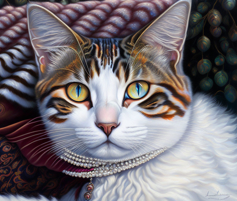 Detailed cat illustration with blue eyes, fur in white, tan, and black, wearing a pearl necklace